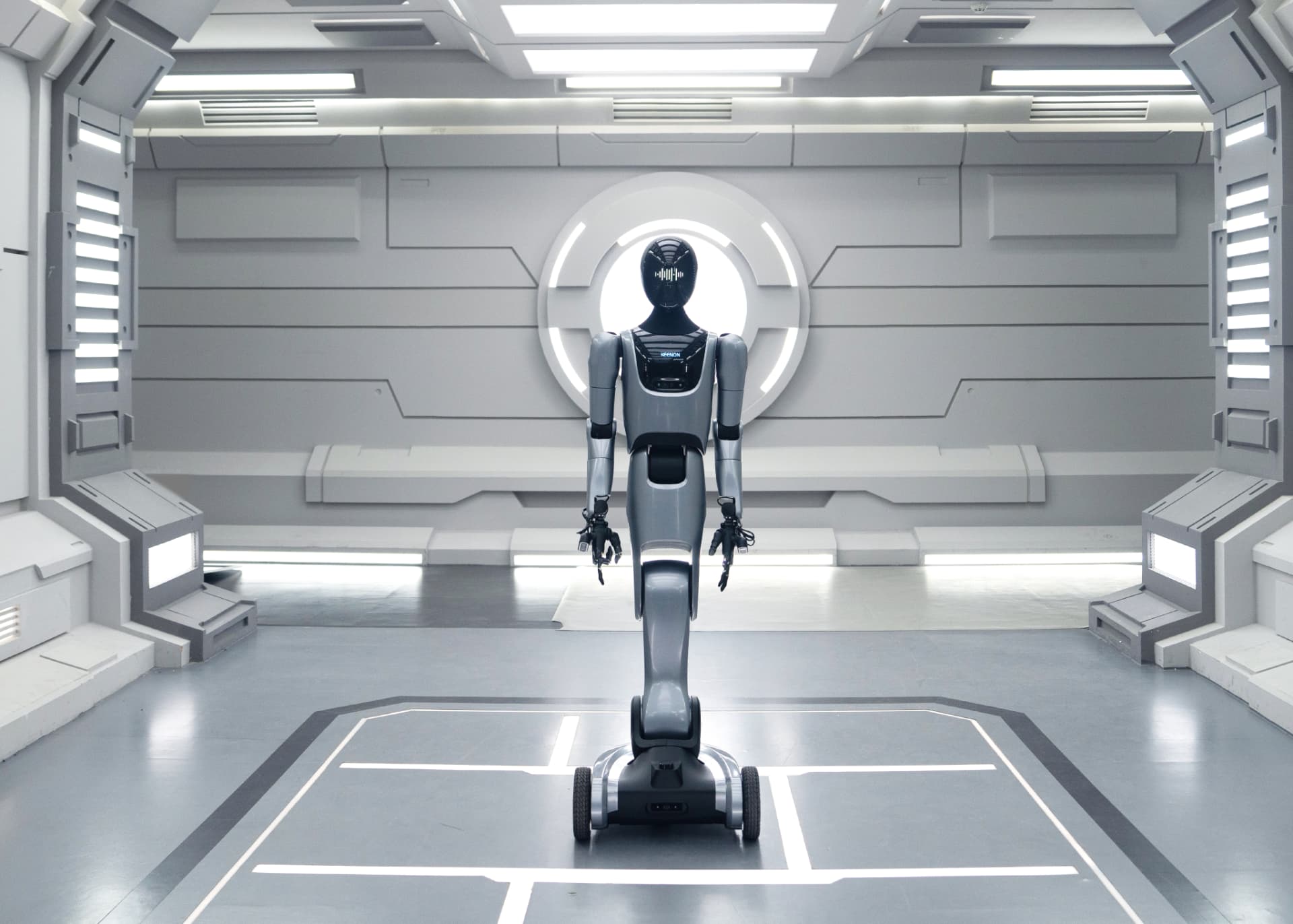 Full front view of the KEENON XMAN-R1 humanoid service robot