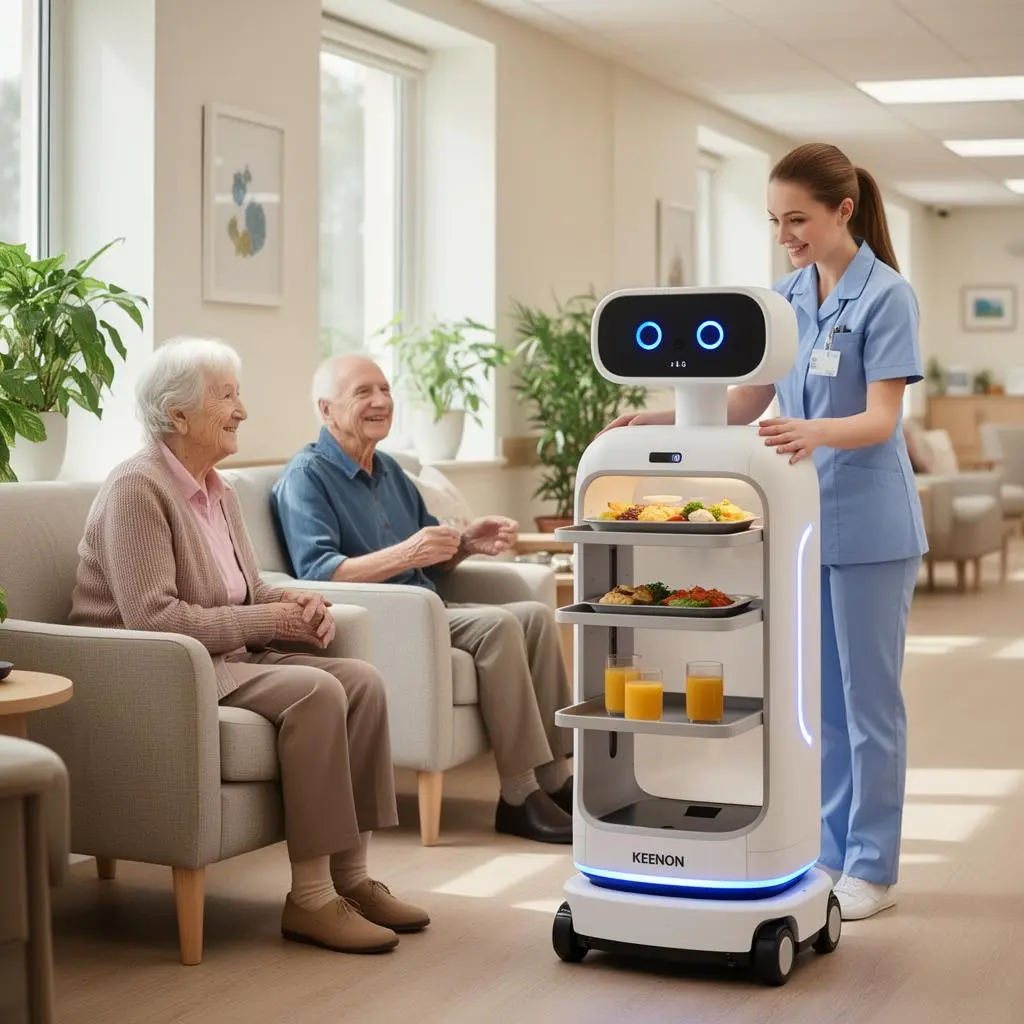 Keenon service robot delivering meals to a resident in a UK care home