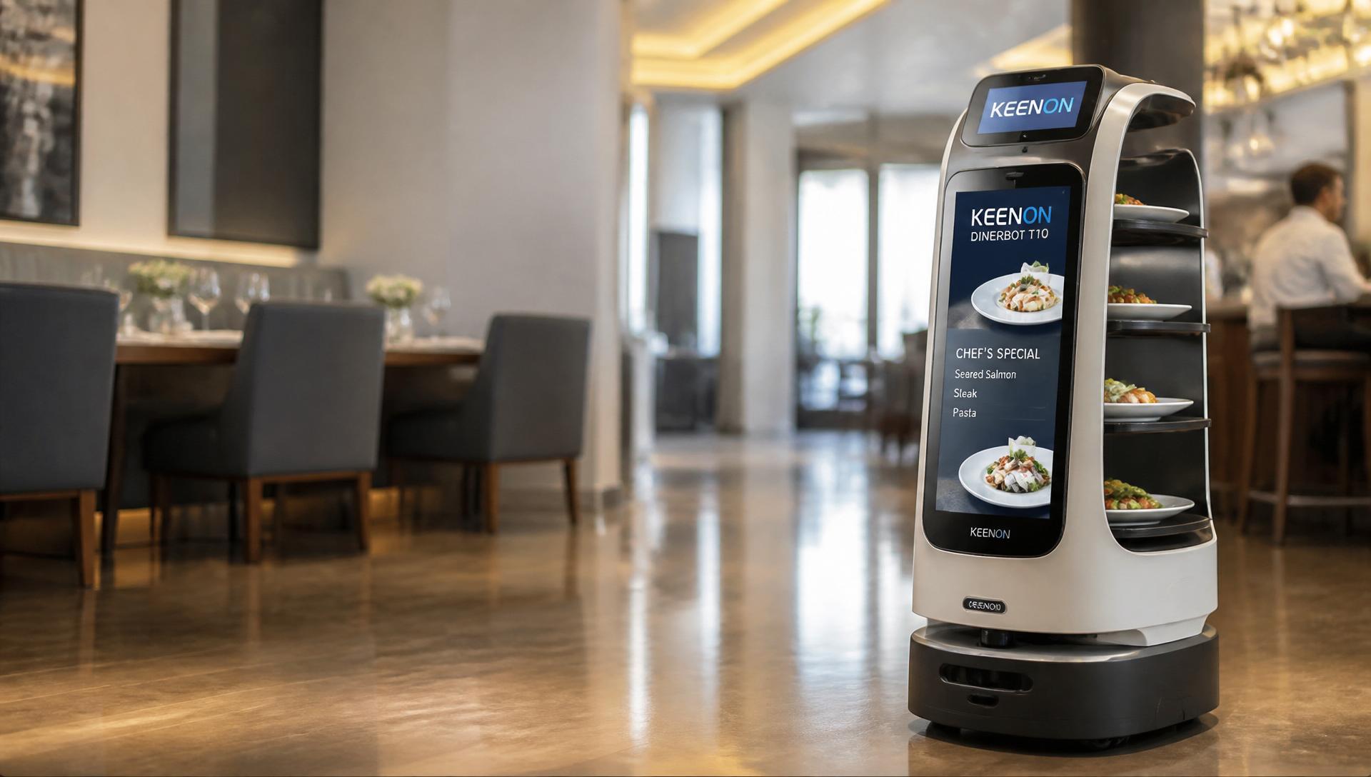 Keenon Dinerbot T10 delivering orders in a modern cafe with menu promotions on the display