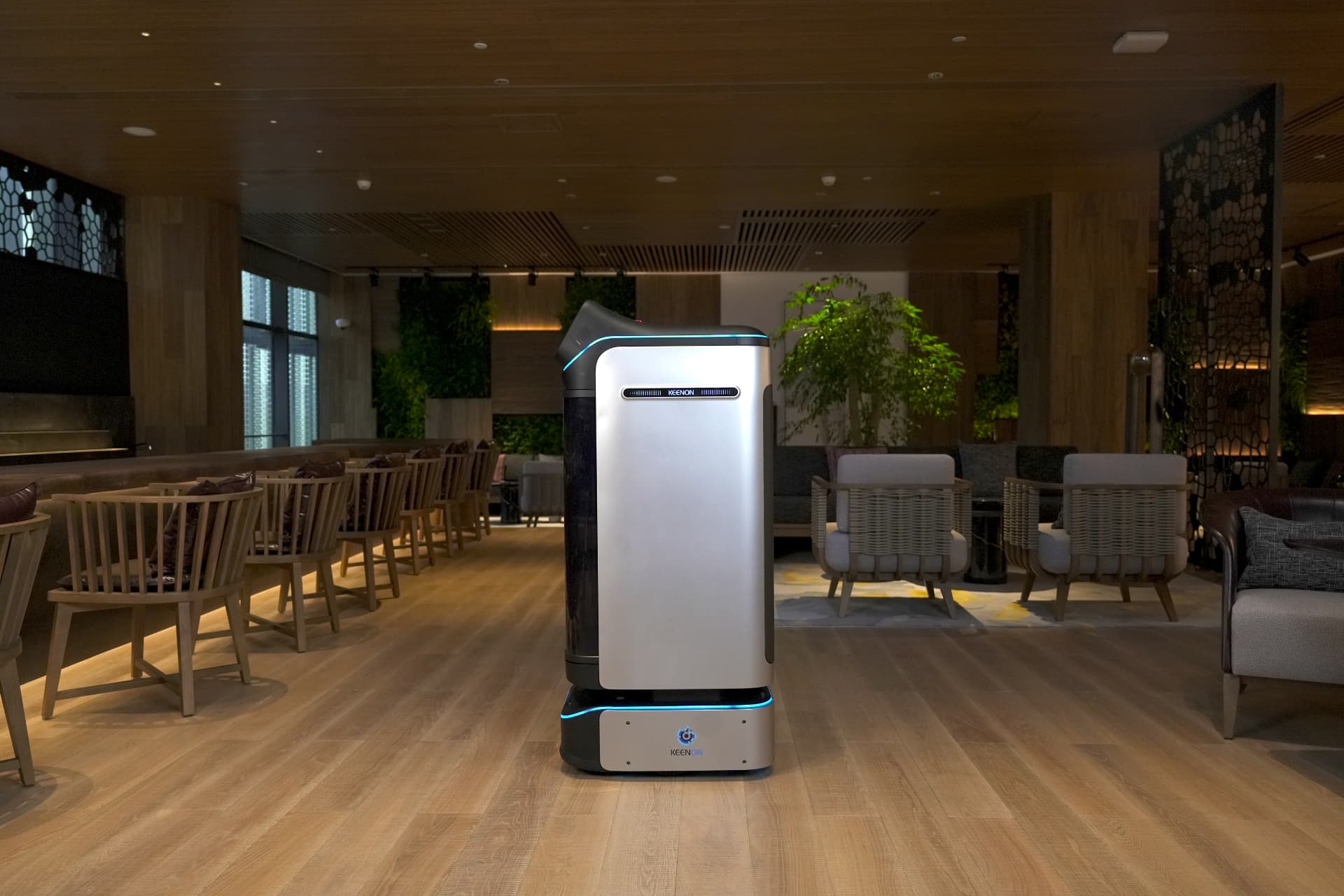 Keenon DINERBOT T3 with doors closed for a private, secure delivery in a hotel lounge