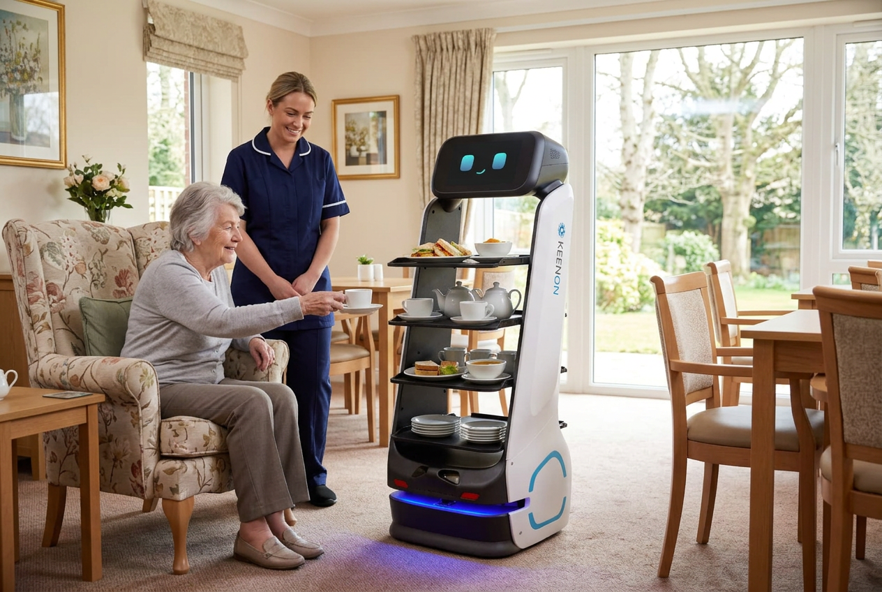 Keenon Dinerbot T9 delivering refreshments in a UK care home lounge