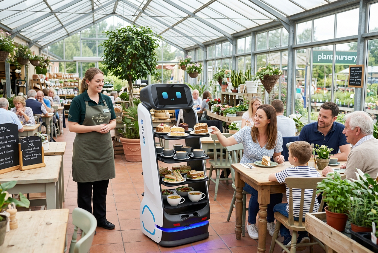 Keenon DINERBOT T9 delivering cakes and coffees in a garden centre restaurant