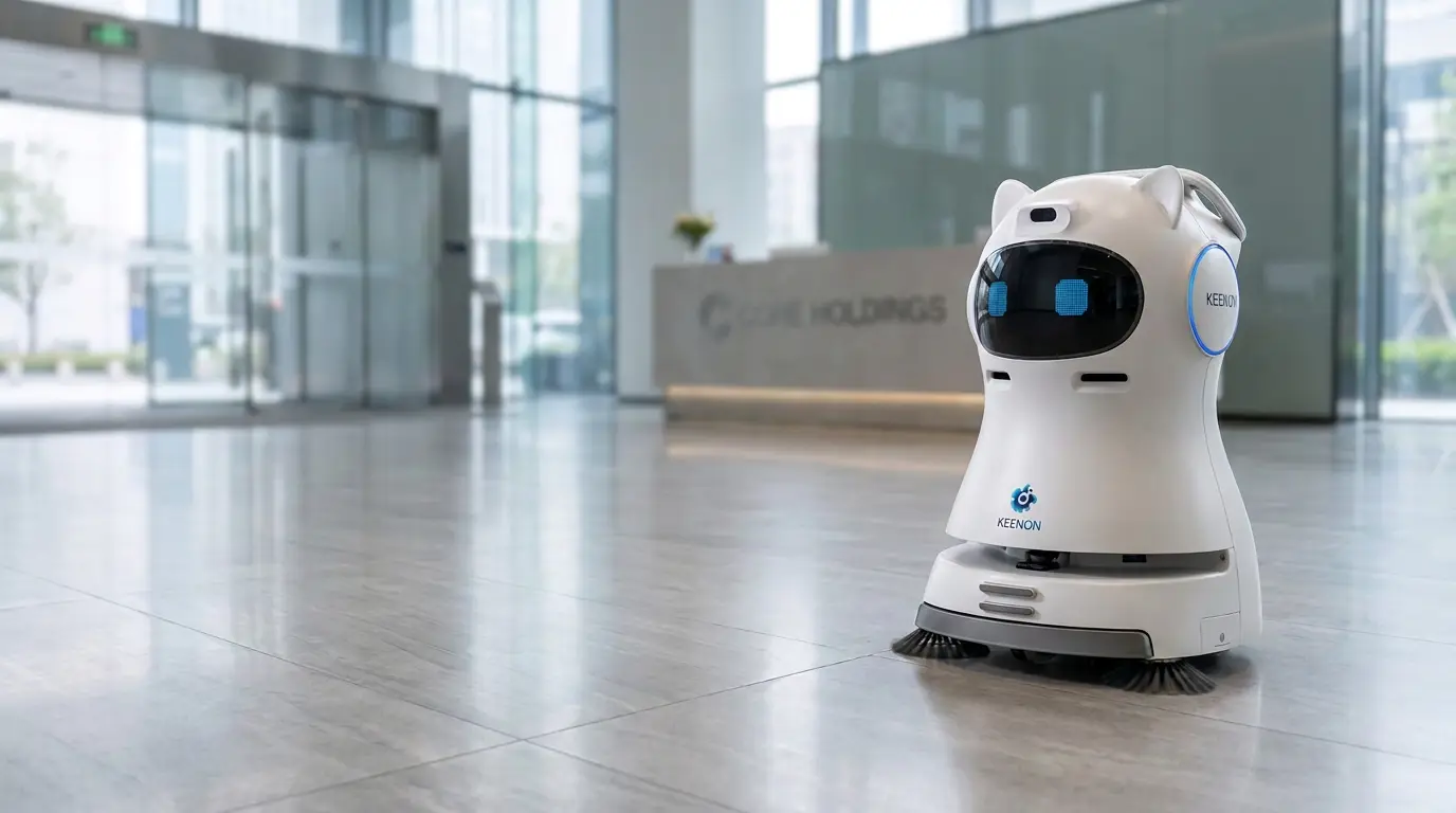 Keenon KLEENBOT C30 dry sweeping robot cleaning a dry hard floor in an office reception