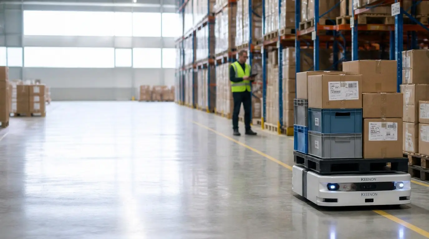 Keenon S100 autonomous logistics robot transporting cartons and totes in a distribution centre