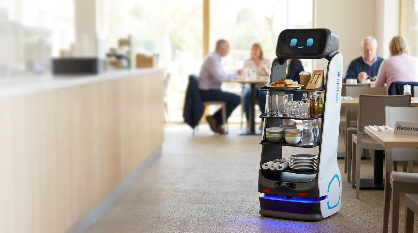 Keenon DINERBOT T9 carrying food and drinks in a bright café restaurant