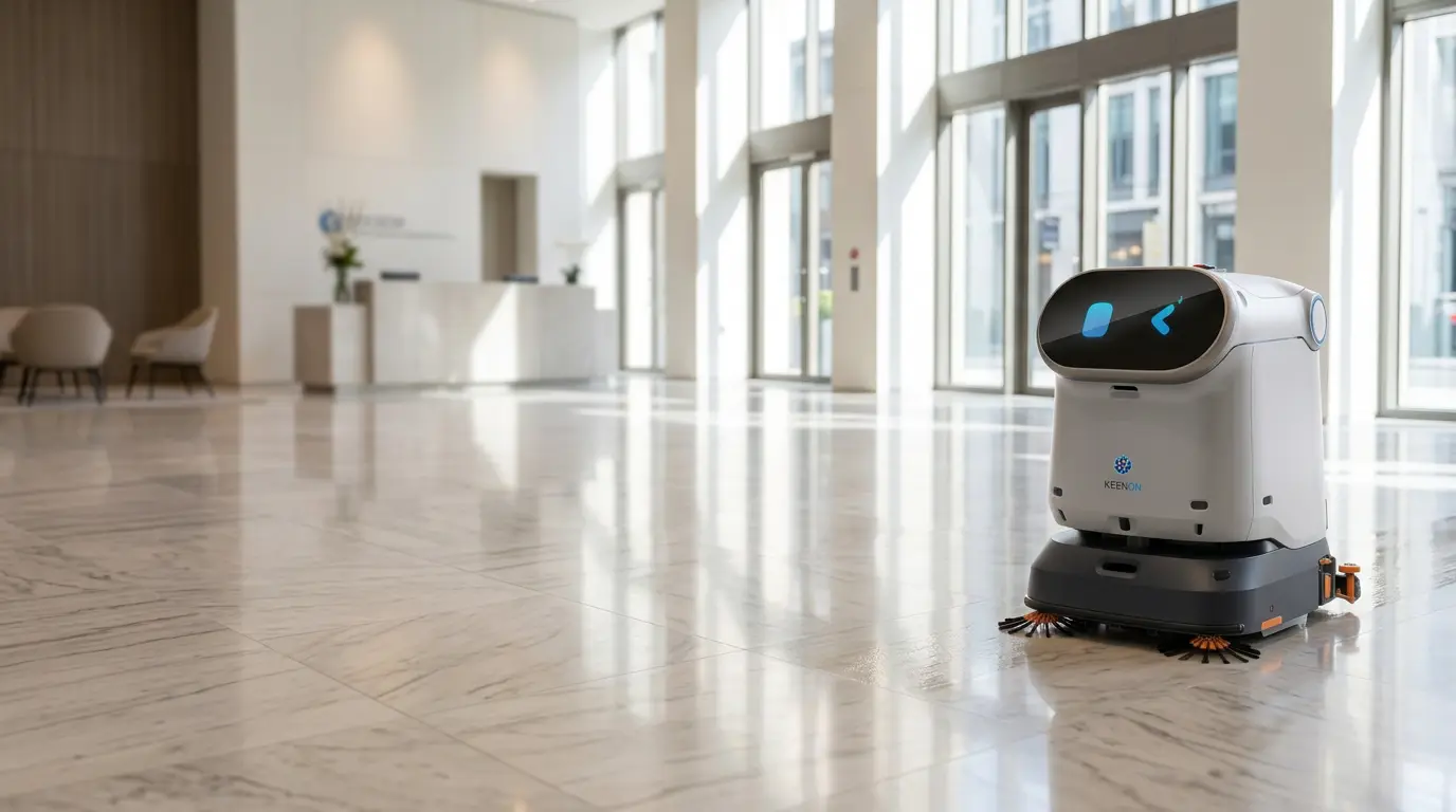 Keenon KLEENBOT C40 wet and dry cleaning robot scrubbing a large polished floor in a hotel lobby