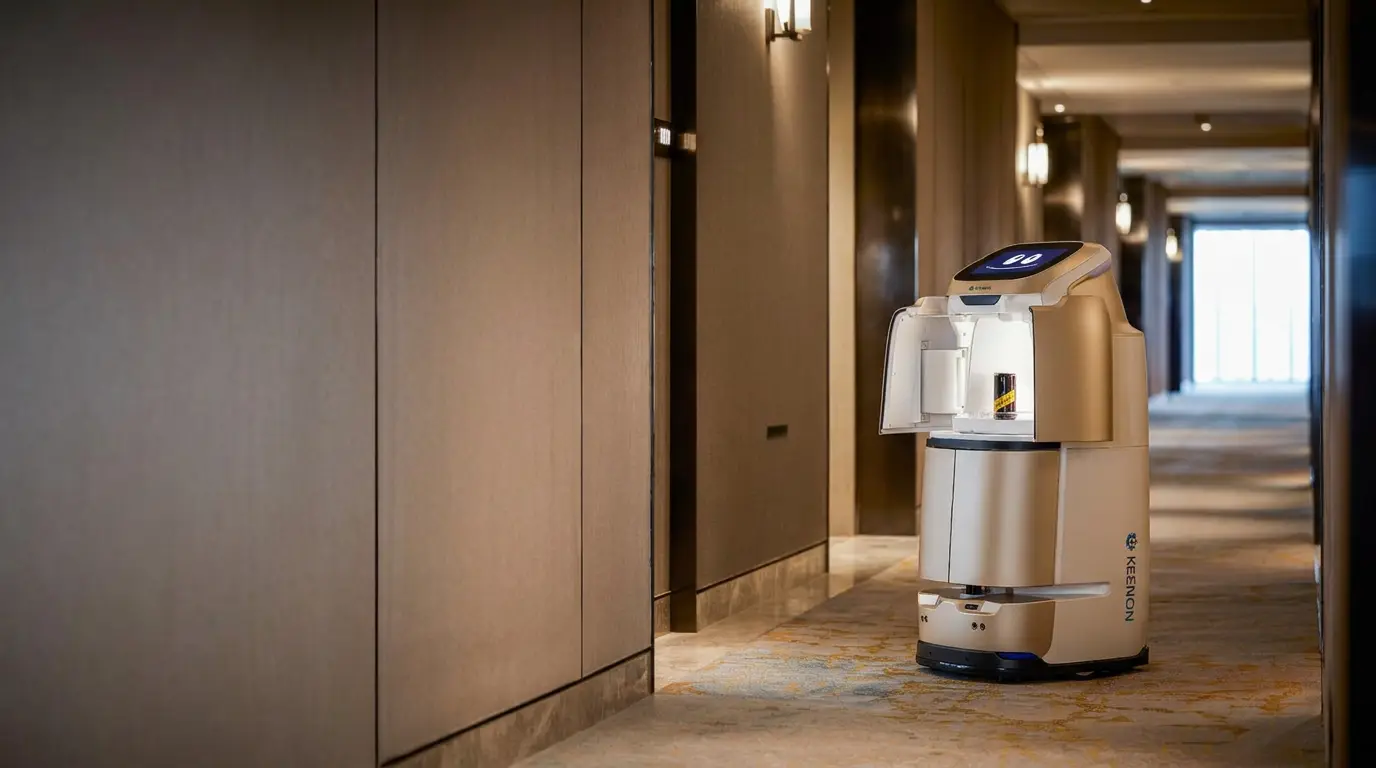 Keenon BUTLERBOT W3 delivery robot with an open compartment carrying a drink in a hotel corridor