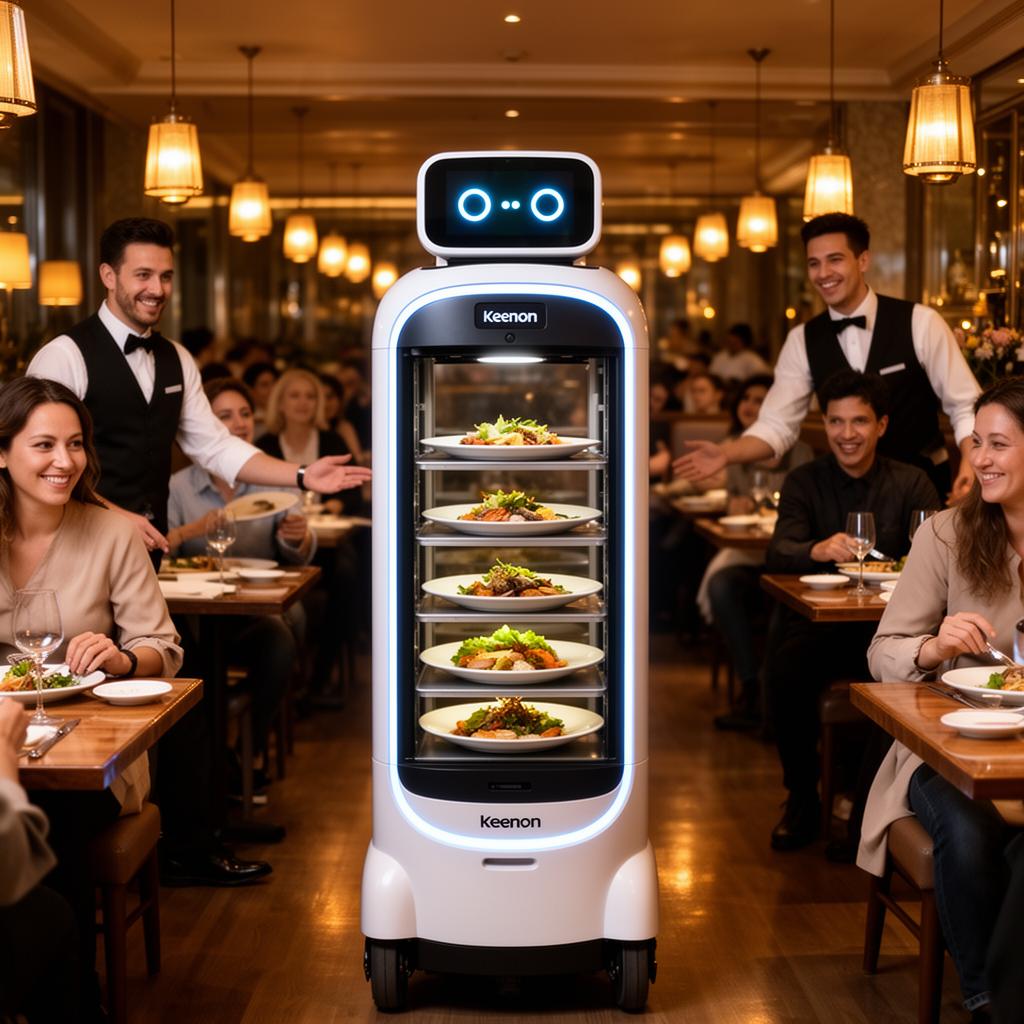 Keenon DINERBOT delivering plated dishes in a busy restaurant