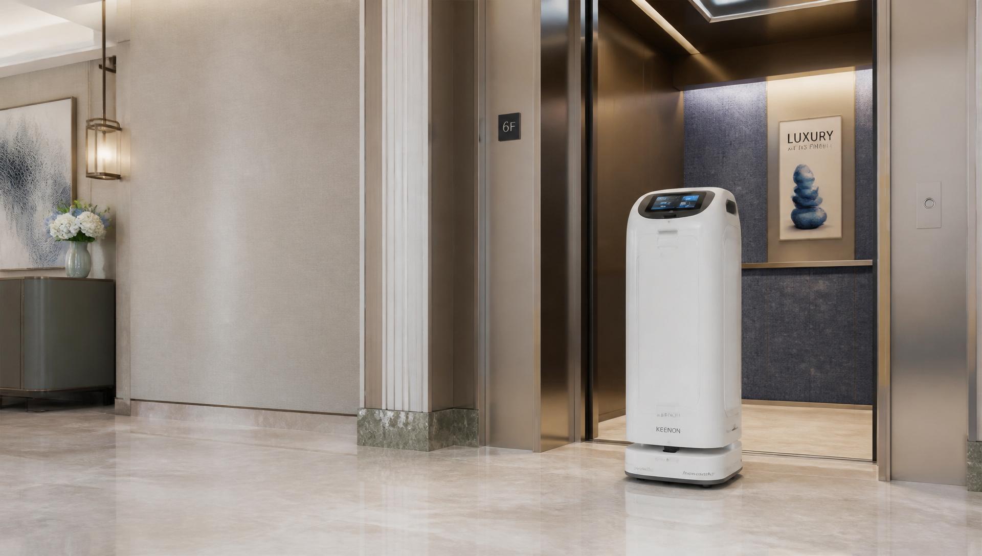 Keenon BUTLERBOT W3 making a room-service delivery in a hotel corridor