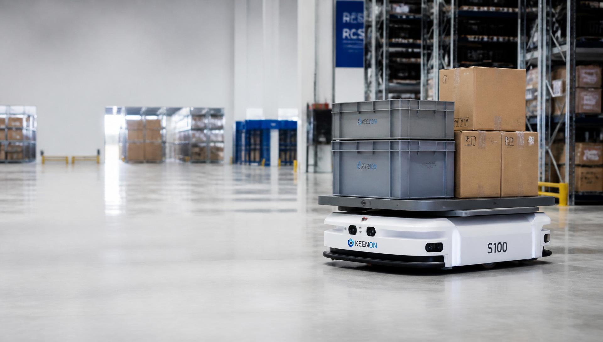 Keenon S100 autonomous logistics robot transporting totes and parcels in a warehouse