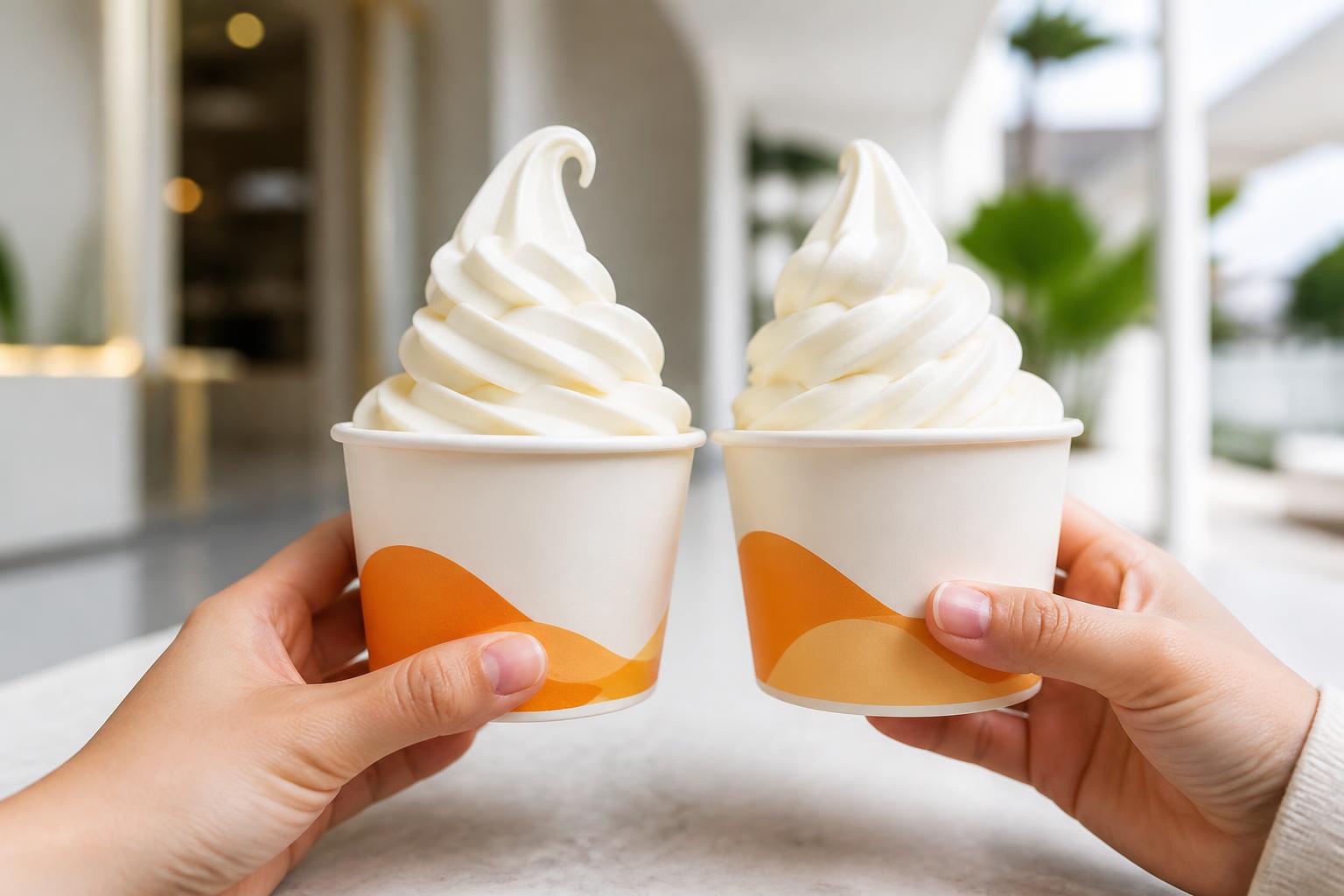 Two branded cups of soft serve ice cream dispensed by the XBOT IC60