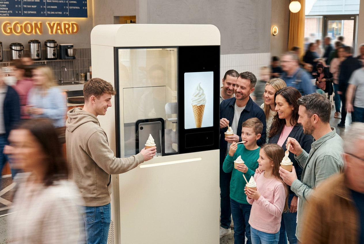 Queue of guests buying ice cream from the XBOT IC60 at peak time in a busy visitor attraction