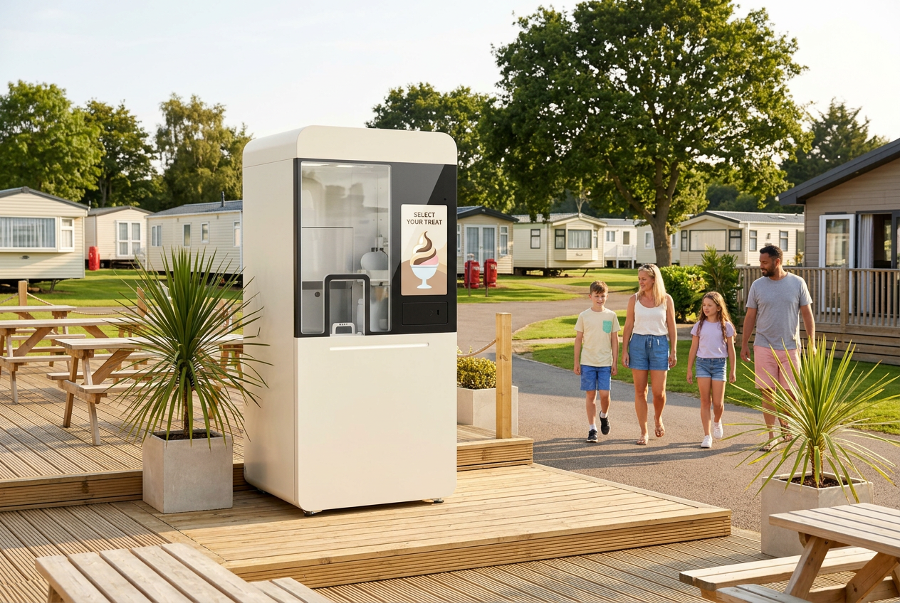 XBOT IC60 robotic ice cream machine on the decking of a UK holiday park entertainment complex