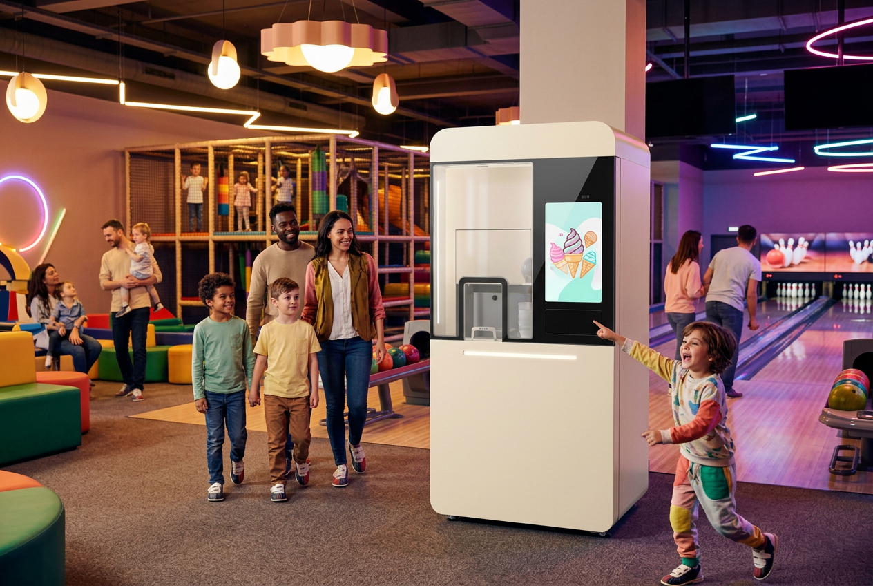 XBOT IC60 robotic ice cream machine in a family leisure venue with soft play and bowling