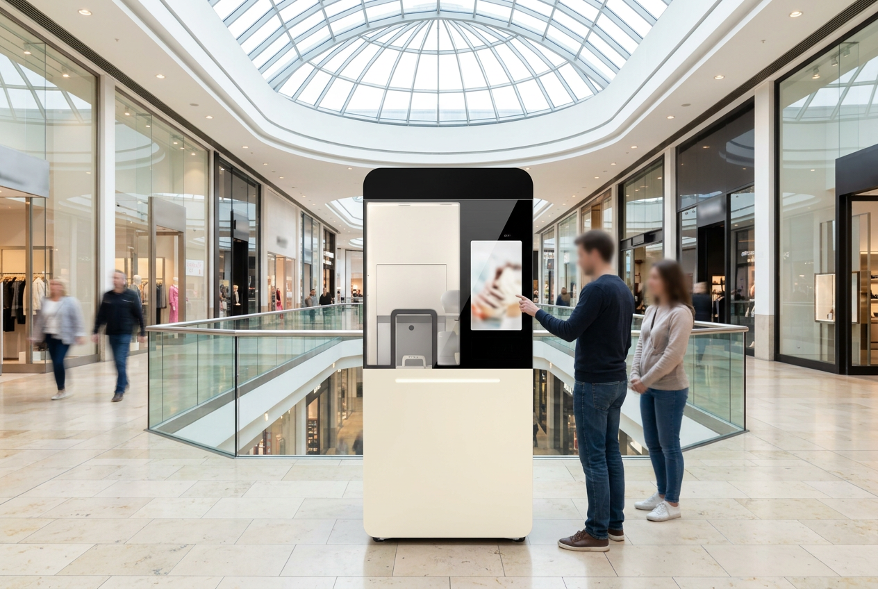 XBOT IC60 robotic ice cream machine — shopping centre concourse