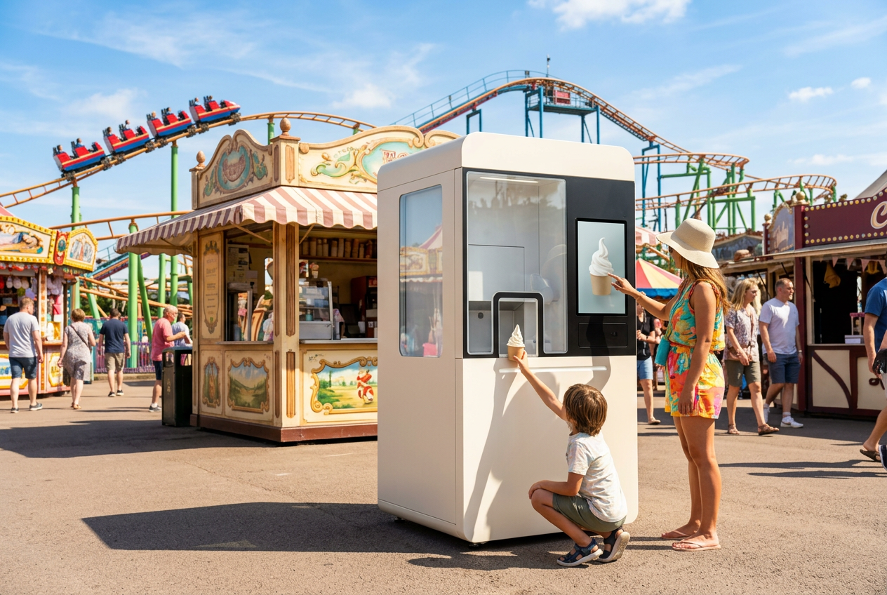 Guests buying soft serve from the XBOT IC60 robotic ice cream machine at a theme park