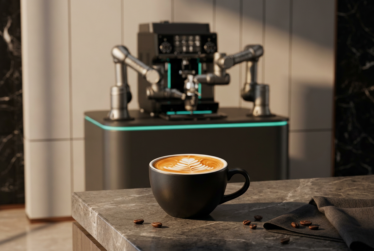 Close-up of AI latte art poured by the XBOT S PRO robotic coffee machine