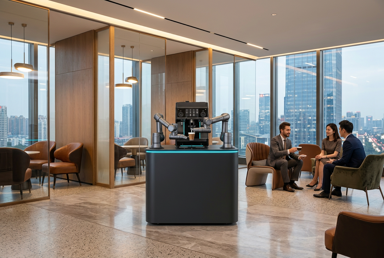 XBOT S PRO robotic coffee machine in a high-end corporate business lounge
