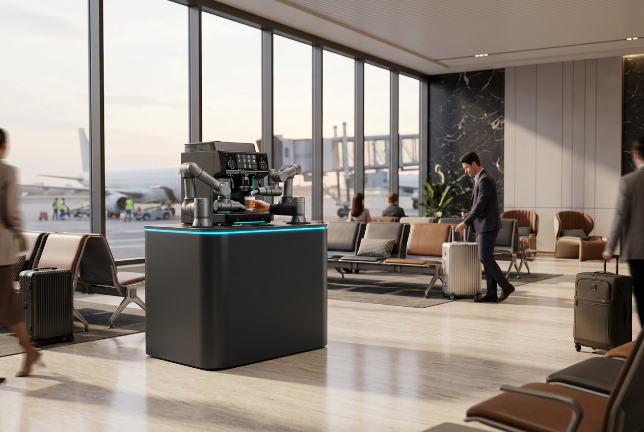 XBOT S PRO robotic coffee machine operating in a premium airport waiting lounge