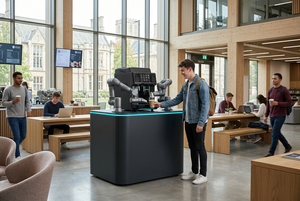 XBOT S PRO robotic coffee machine serving students in a modern university campus coffee area